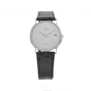 Relógio de mulher TETRA T-008 30mm mostrador prateado bracelete de pele preta quartzo