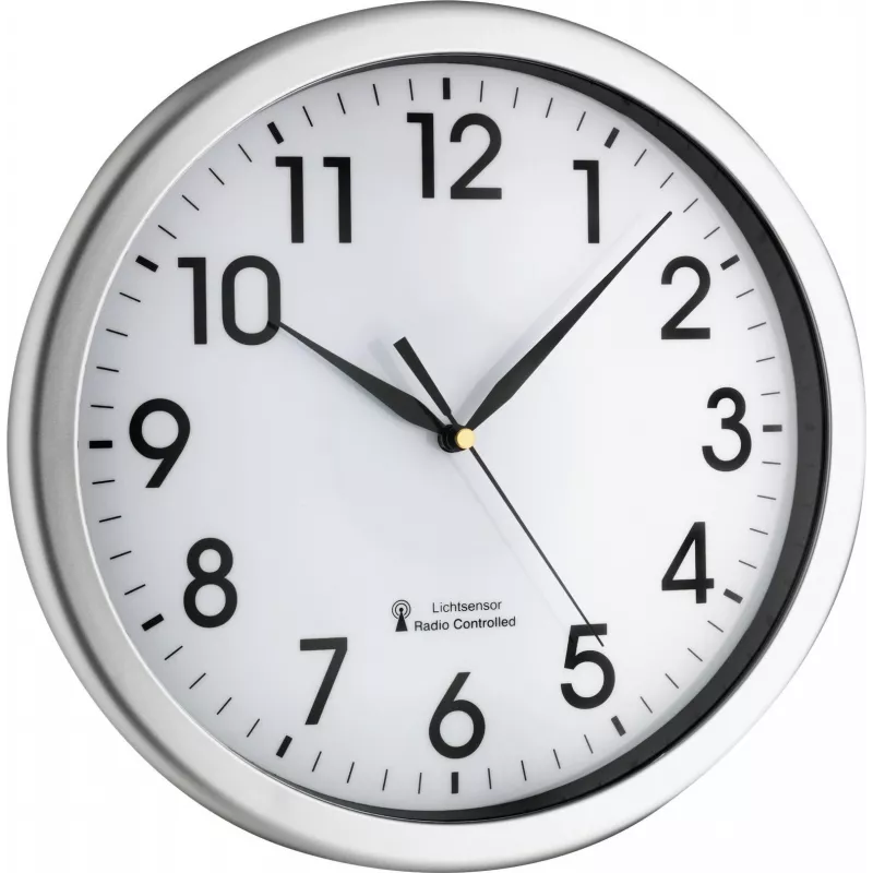TFA Dostmann 60.3519.02 Relógio de parede por rádio Corona, moldura de alumínio prateada, mostrador branco, 300 mm 60.010363