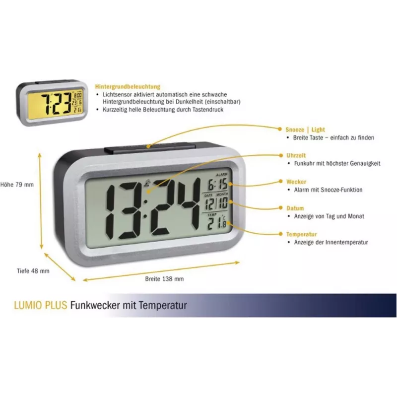 Despertador de rádio TFA Dostmann Lumio Plus preto/prateado