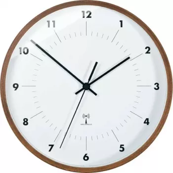 Relógio de parede com rádio TFA Dostmann com moldura de madeira, 25,5 cm de diâmetro, mostrador branco, algarismos árabes, a pilhas, DCF77 98.1097
