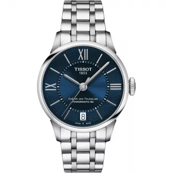 Relógio automático de mulher TISSOT T-Classic Chemin des Tourelles 32mm mostrador de madrepérola azul com índices de diamante bracelete de aço inoxidável
