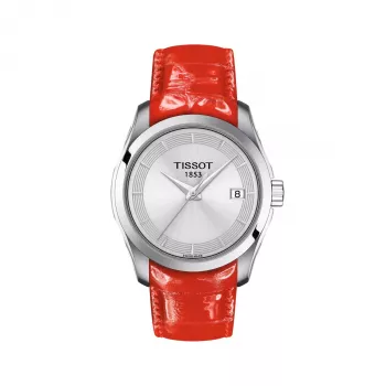Relógio de mulher TISSOT T-Classic Couturier T035210160310 32mm mostrador prateado bracelete de pele branca