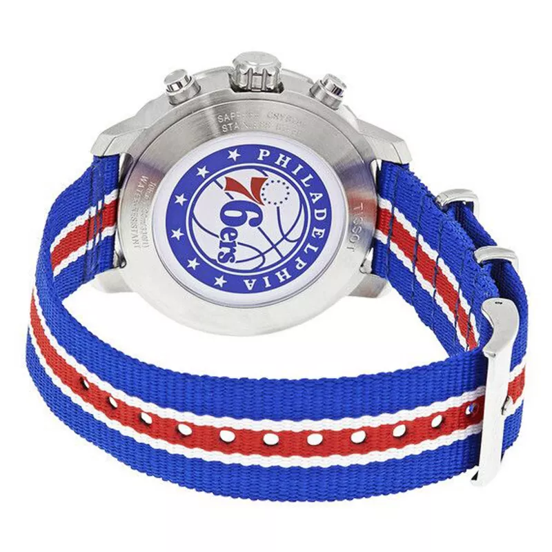 TISSOT T-Sport Quickster relógio cronógrafo de homem 42mm mostrador prateado bracelete de nylon azul e vermelho T09541717371