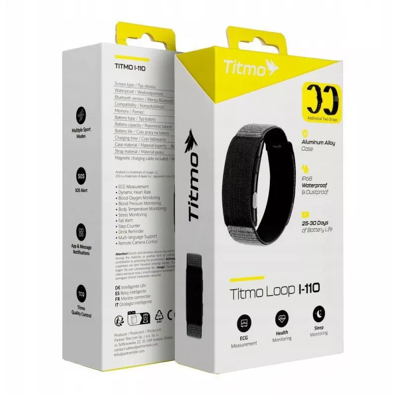 Titmo Loop I-110 Smartband Preto com ECG, HRV, Pressão Arterial, SpO2, IP68