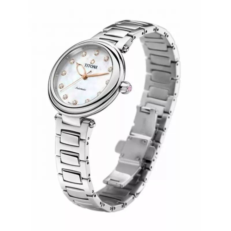 Relógio automático de mulher TITONI 23978SRG-622 33,5mm aço inoxidável PVD ouro rosa mostrador de madrepérola branca índices de diamante