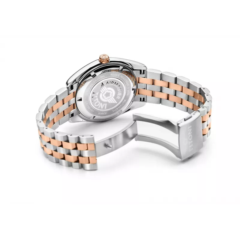 TITONI relógio automático homem 83909SRG-063 38,5mm PVD ouro rosa aço inoxidável mostrador prateado bracelete de pele castanha