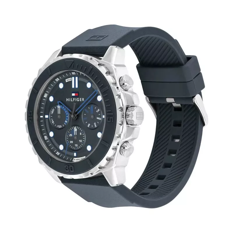 Relógio de quartzo analógico Tommy Hilfiger para homem 1710687 48 mm aço inoxidável mostrador azul
