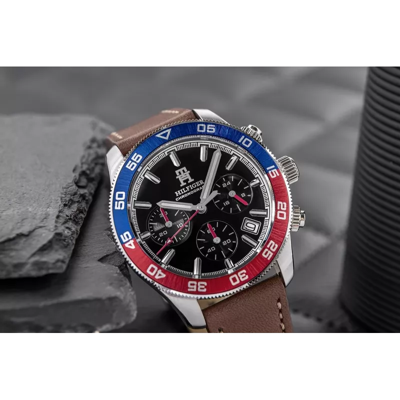 Relógio de quartzo de homem Tommy Hilfiger Damon 1792166 40mm mostrador azul pele castanha