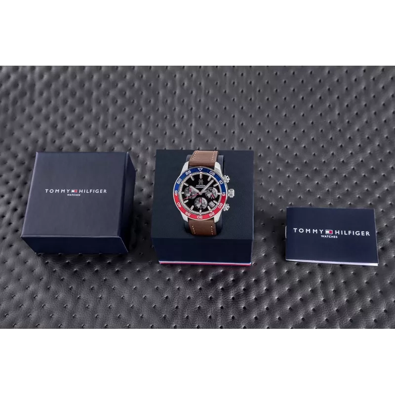 Relógio de quartzo de homem Tommy Hilfiger Damon 1792166 40mm mostrador azul pele castanha