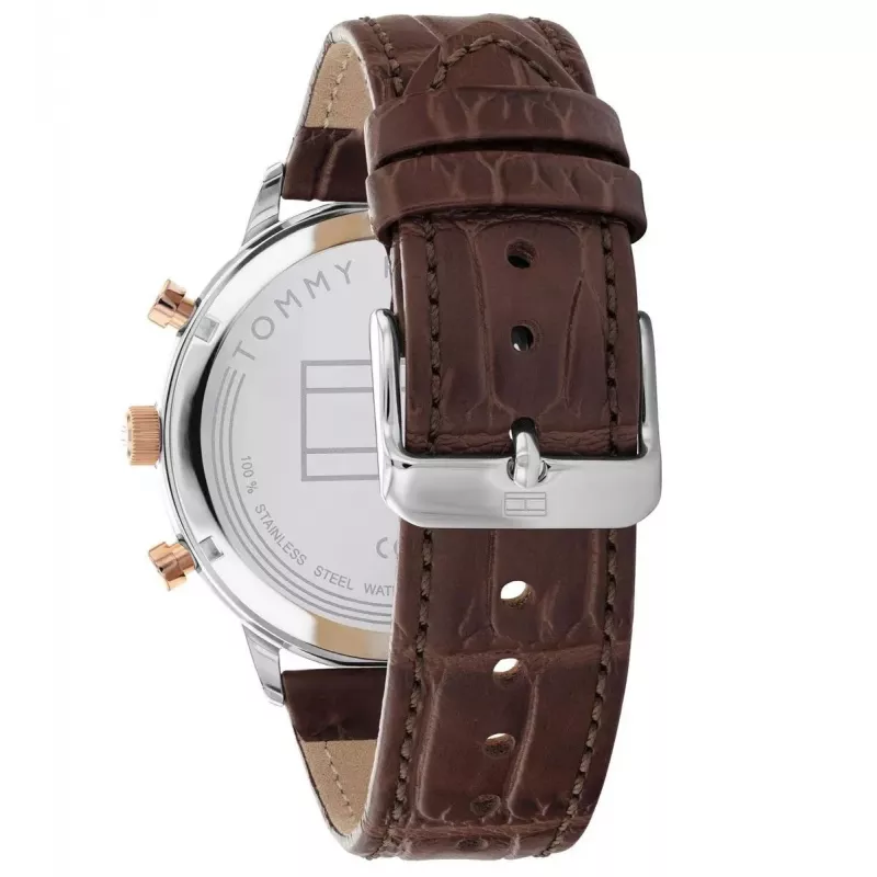 Relógio de homem Tommy Hilfiger 1791987 44 mm caixa de aço inoxidável pulseira de couro castanha mostrador azul