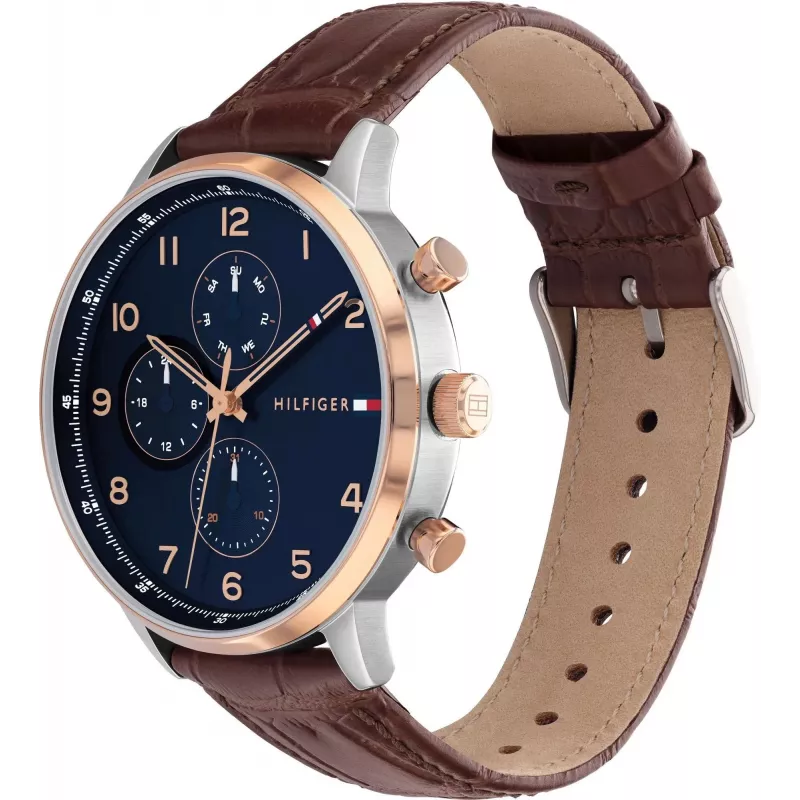 Relógio de homem Tommy Hilfiger 1791987 44 mm caixa de aço inoxidável pulseira de couro castanha mostrador azul