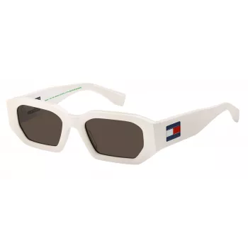 TOMMY JEANS TJ-0099-S-VK6 Óculos de sol unissexo retangulares, armação preta, lentes cinzento fumo, 53/20/145 mm