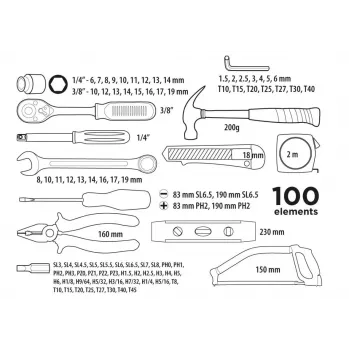 Conjunto de chaves de caixa e ferramentas Top Tools 100 peças com encaixe de 1/4 polegadas e 3/8 polegadas, aço cromo-vanádio, catraca de 72 dentes e mala de plástico
