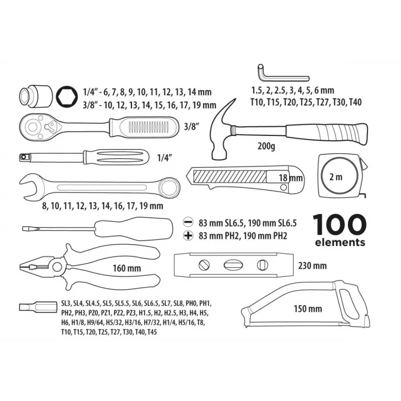 Conjunto de chaves de caixa e ferramentas Top Tools 100 peças com encaixe de 1/4 polegadas e 3/8 polegadas, aço cromo-vanádio, catraca de 72 dentes e mala de plástico