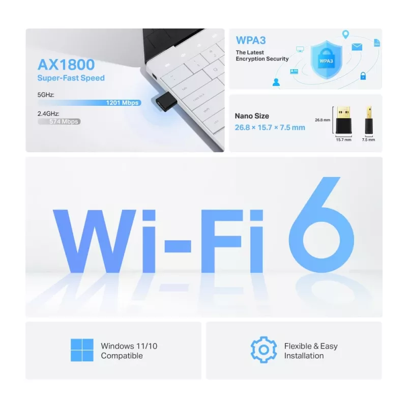 Adaptador USB TP-LINK Archer TX1800U Nano AX1800 Dual Band Wi-Fi 6, 1.8 Gbps