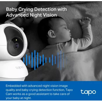 Câmara de vigilância WiFi com rotação/inclinação TP-Link Tapo C200C – 1080p Full HD, alcance horizontal de 360°, áudio bidirecional, visão noturna até 9m, MicroSD até 256GB, branco