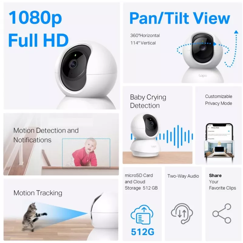 Câmara de segurança Wi-Fi para casa TP-Link Tapo C200C com rotação e inclinação, 2 MP 1080p Full HD, 360° horizontal / 114° vertical, áudio bidirecional, visão noturna até 12 m, microSD até 512 GB, branca