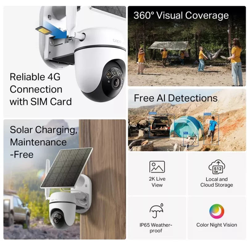 TP-LINK Tapo C615G KIT V1 Kit de câmara de segurança alimentada por energia solar - Câmara de vigilância de rede PTZ exterior, à prova de pó/intempéries, cor dia e noite