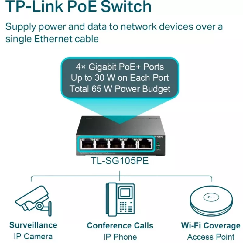 Switch Gigabit Easy Smart TP-Link TL-SG105PE com 4 portas PoE+
