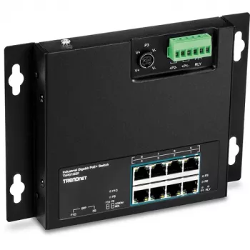 TRENDnet TI-PG102F Switch industrial Gigabit PoE+ de 8 portas (240W, calha DIN, IP30, sem ventoinha)