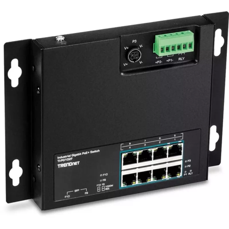 TRENDnet TI-PG102F switch industrial Gigabit PoE+ de 8 portas
