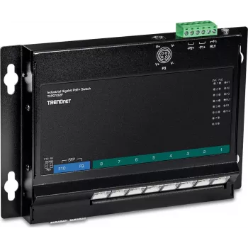 TRENDnet TI-PG102F Switch industrial Gigabit PoE+ de 8 portas (240W, calha DIN, IP30, sem ventoinha)