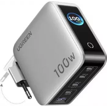 UGREEN 100W GaN Tech Nexode Pro Carregador de parede 5 em 1 com ecrã inteligente e controlo tátil, 4x USB-C e 1x USB-A, cinzento 65620
