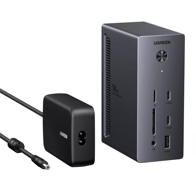 UGREEN Estação de acoplamento USB-C 14 em 1 com DisplayPort duplo, HDMI, 100W PD, Gigabit Ethernet, leitor de cartões SD/TF e áudio de 3,5 mm