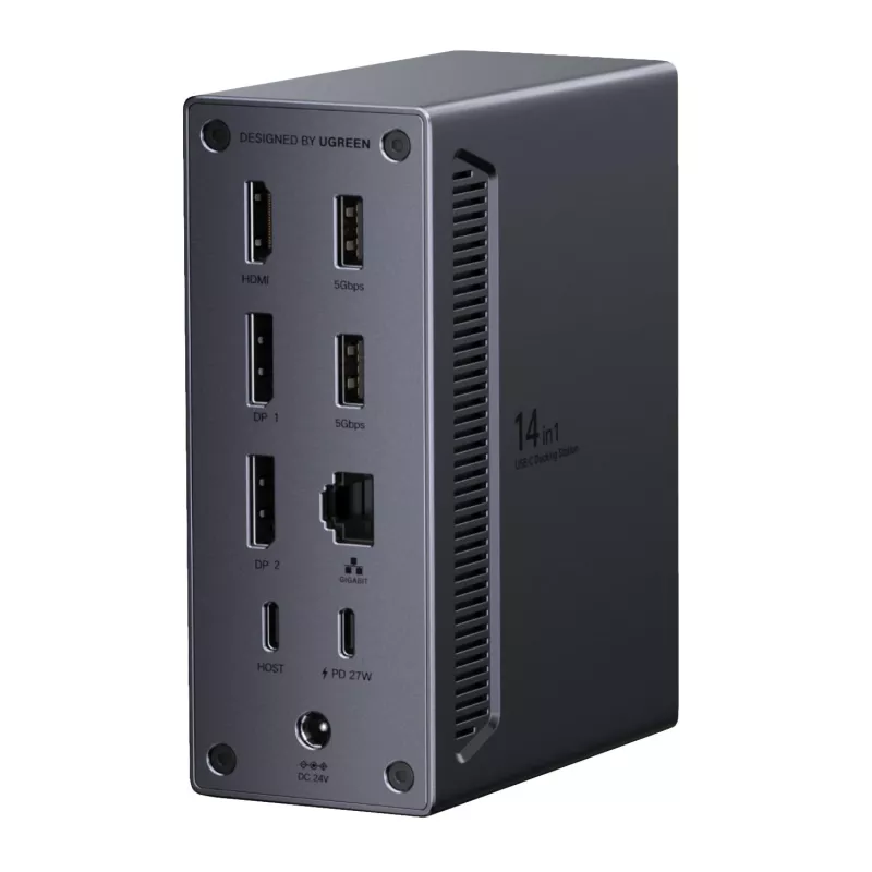 UGREEN Estação de acoplamento USB-C 14 em 1 com DisplayPort duplo, HDMI, 100W PD, Gigabit Ethernet, leitor de cartões SD/TF e áudio de 3,5 mm