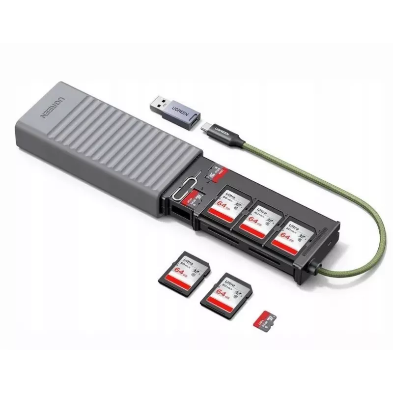 UGREEN Leitor de cartões SD/Micro-SD USB 3.0 2-em-1 com estojo de armazenamento, cinzento