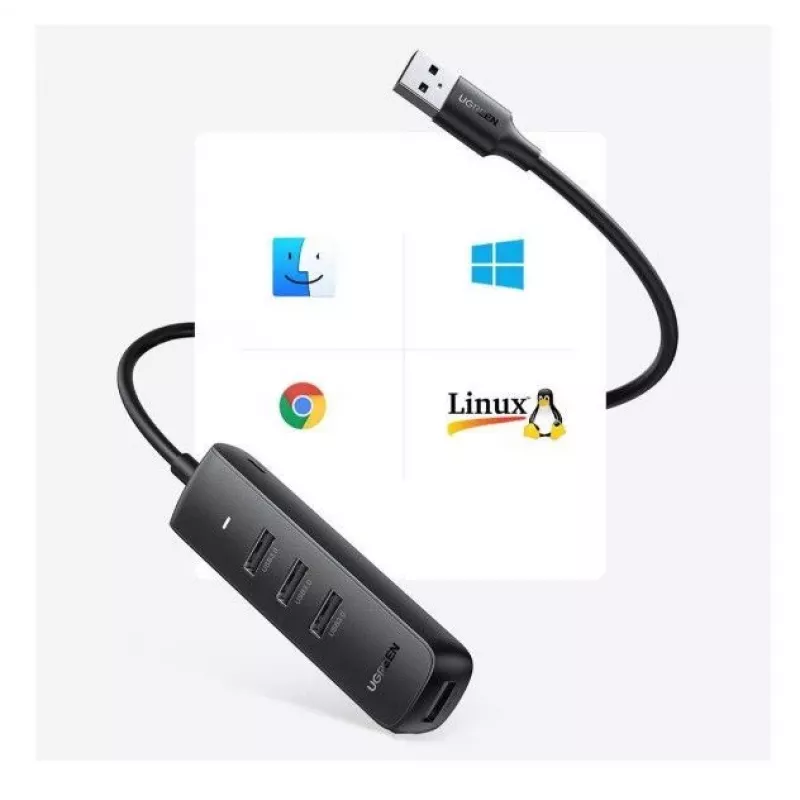UGREEN Hub USB 4 em 1 com 4x USB-A 3.0 PD DC 12V 0,25m preto (CM416 10915)
