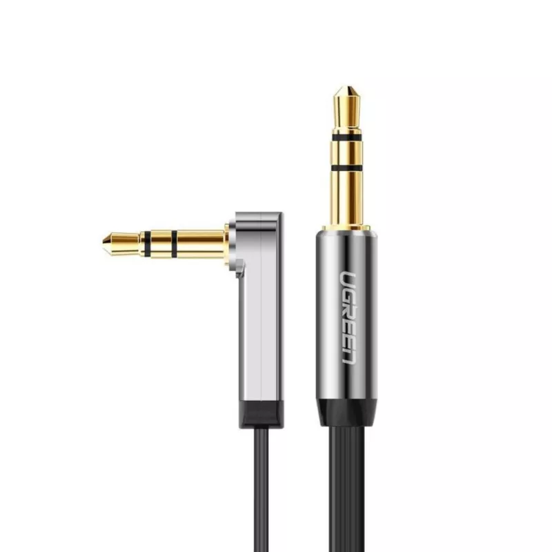 Cabo Aux plano em ângulo reto UGREEN AV119 3,5 mm 1,5 m - Preto/Prateado