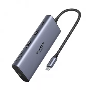 Hub Ugreen CM639 USB-C 10 em 1 com 2x HDMI, 2x USB, RJ45, SD/TF, PD 100W