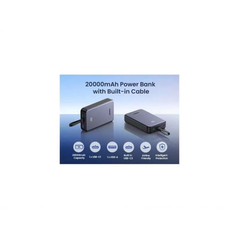 Powerbank UGREEN 20000mAh 20W 45762 com cabo integrado cinzenta