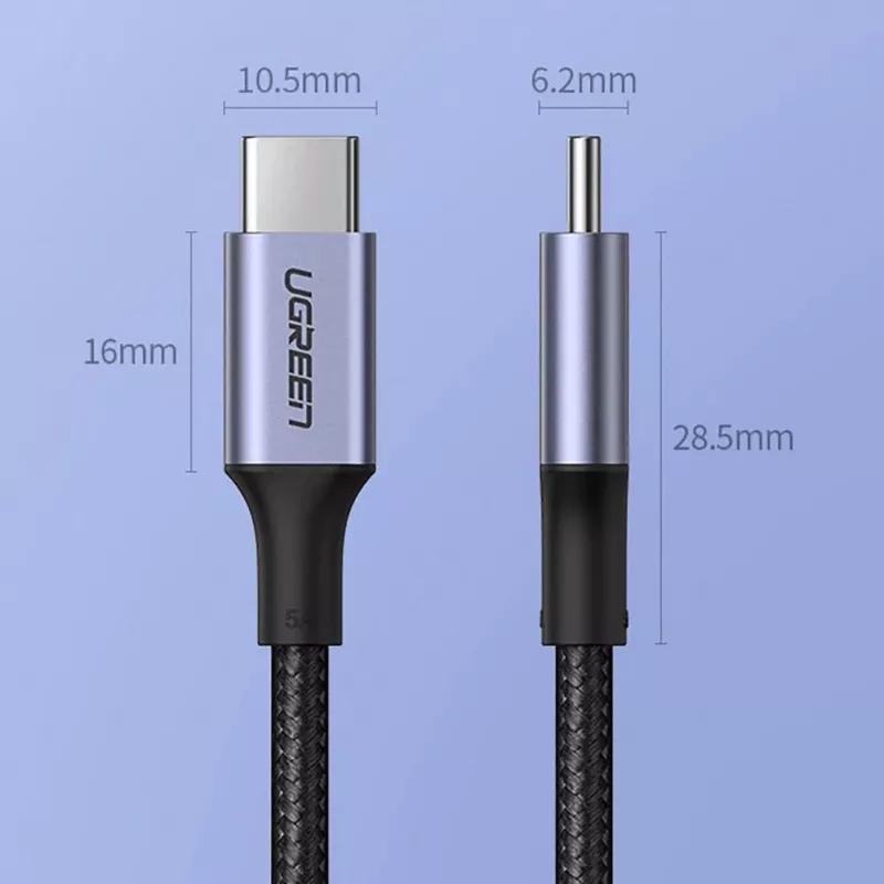 Cabo UGREEN US316 USB-C para USB-C 100W 5A 480Mbps 1,5m cinzento