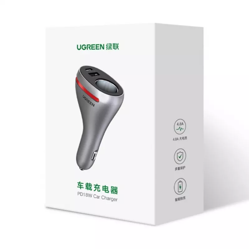 UGREEN carregador de automóvel USB Type-C / USB QC PD 24W com tomada de isqueiro 12V prateado (CD204)