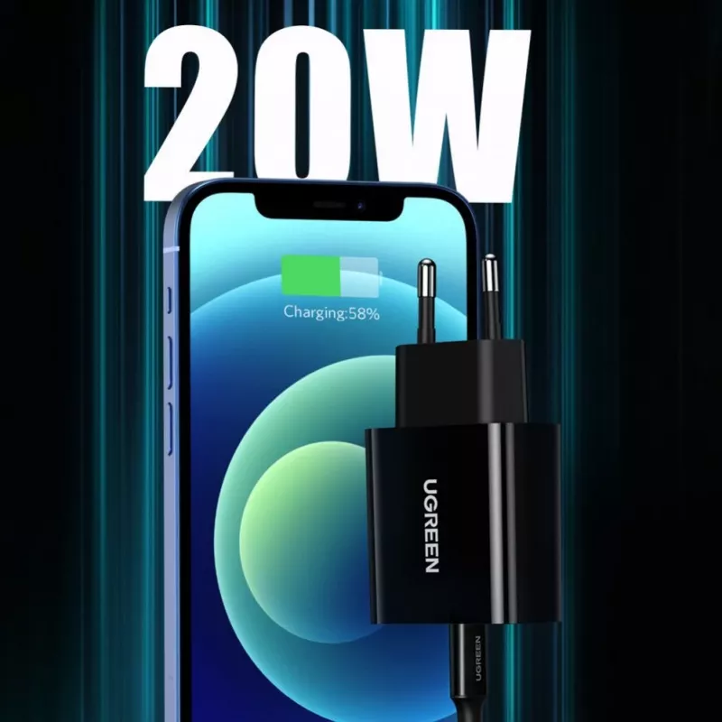 Carregador de parede UGREEN USB Type-C 20W Power Delivery preto (10191)