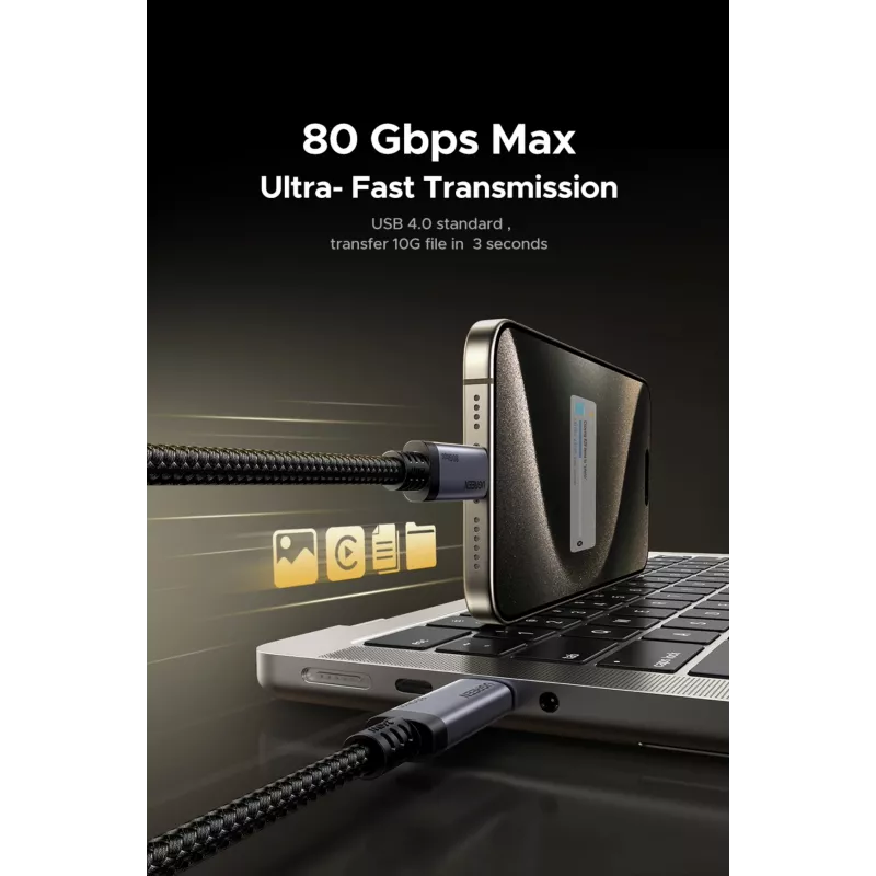 Cabo UGREEN USB4 USB-C para USB-C 240W 40Gbps 16K@60Hz 80Gbps Compatível com Thunderbolt 4 1m Nylon Entrançado