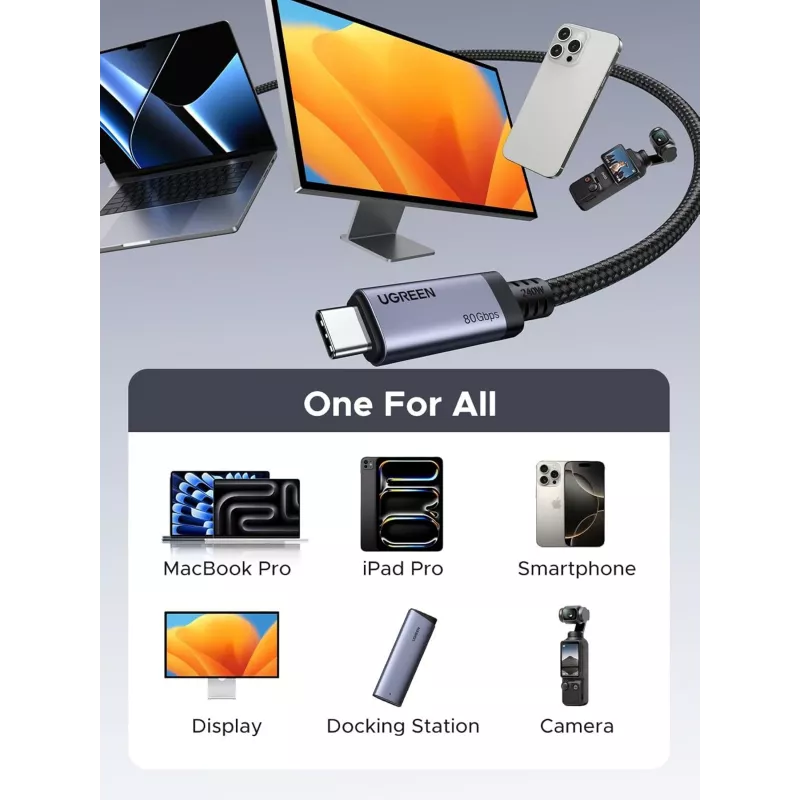 Cabo UGREEN USB4 USB-C para USB-C 240W 40Gbps 16K@60Hz 80Gbps Compatível com Thunderbolt 4 1m Nylon Entrançado