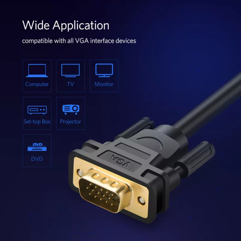 UGREEN VG101 Cabo VGA macho para macho 3M – banhado a ouro, duplo ferrite, Full HD 1080p
