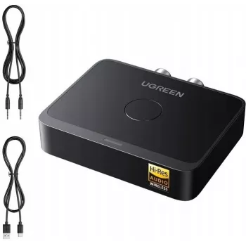 UGREEN 55545 Recetor de áudio Bluetooth 6.0 LDAC Hi-Res com saída AUX de 3,5 mm e 2x RCA, preto