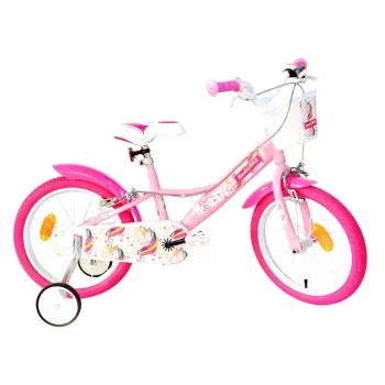 Bicicleta infantil Unicorn 16 polegadas com rodas de apoio, cesto e assento para boneca – branco/rosa