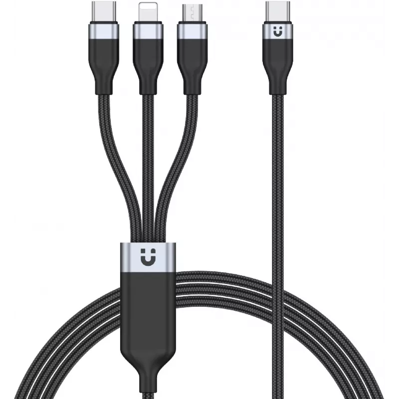 UNITEK Cabo de carregamento 3-em-1 USB-A para Lightning, USB-C, Micro USB com trança de nylon 1,5 m preto
