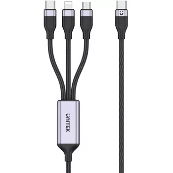 UNITEK Cabo de carregamento 3-em-1 USB-A para Lightning, USB-C, Micro USB com trança de nylon 1,5 m preto