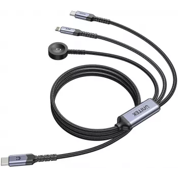 UNITEK Cabo de Carregamento 3-em-1 USB-C + Lightning + Apple Watch, 100W PD, 480 Mbps, 1,2 m, Preto