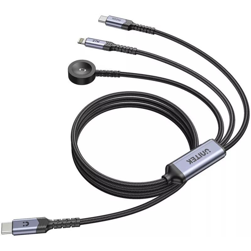 UNITEK Cabo de Carregamento 3-em-1 USB-C + Lightning + Apple Watch, 100W PD, 480 Mbps, 1,2 m, Preto
