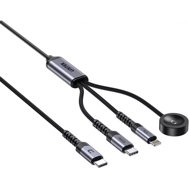 UNITEK Cabo de Carregamento 3-em-1 USB-C + Lightning + Apple Watch, 100W PD, 480 Mbps, 1,2 m, Preto