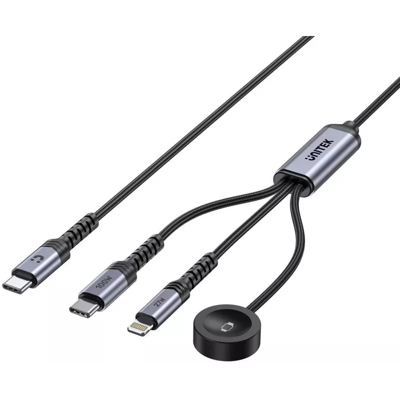 UNITEK Cabo de Carregamento 3-em-1 USB-C + Lightning + Apple Watch, 100W PD, 480 Mbps, 1,2 m, Preto