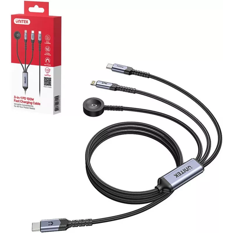 UNITEK Cabo de Carregamento 3-em-1 USB-C + Lightning + Apple Watch, 100W PD, 480 Mbps, 1,2 m, Preto