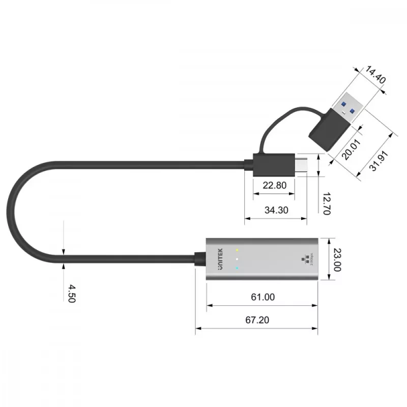 UNITEK Adaptador USB-A/C 3.1 Gen 1 para RJ45 2.5 Gigabit Ethernet U1313C
